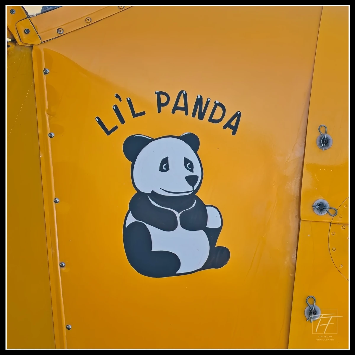 Cartoon panda and the words Li’l Panda painted on the yellow fuselage of Grant Anderson’s Piper J-3 Cub.